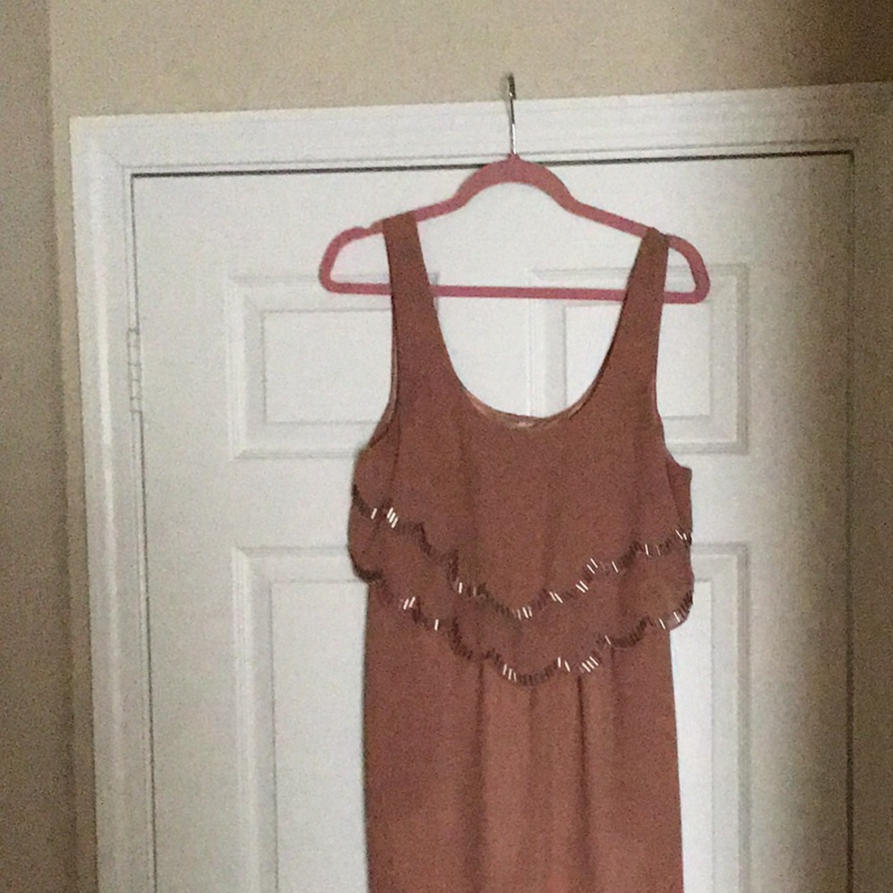 Nude/Brown Beaded Scalloped Mini Dress.